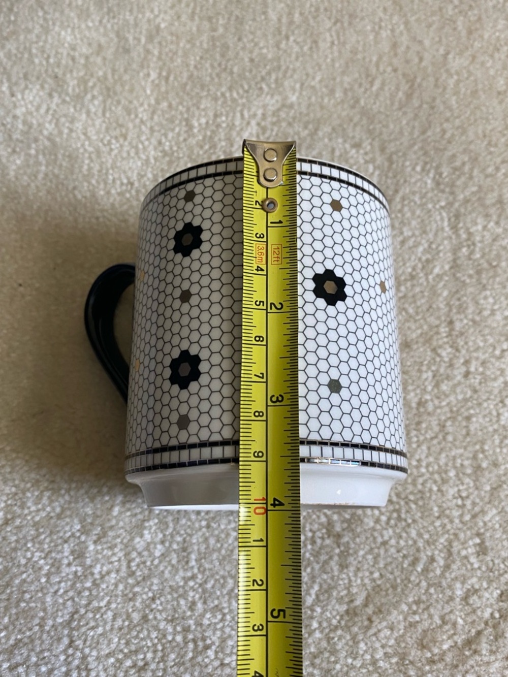 Anthropologie Bistro Tile Mug Initial Letter T Mosiac Coffee Black White Gold - Picture 8 of 8